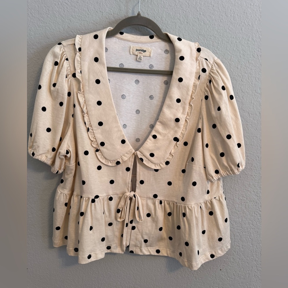 Porridge Cream Black Polka Dot Ruffle Collar Top Size XL
